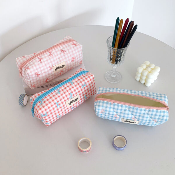 Wholesale Cream Color Plaid Bow Pencil Case