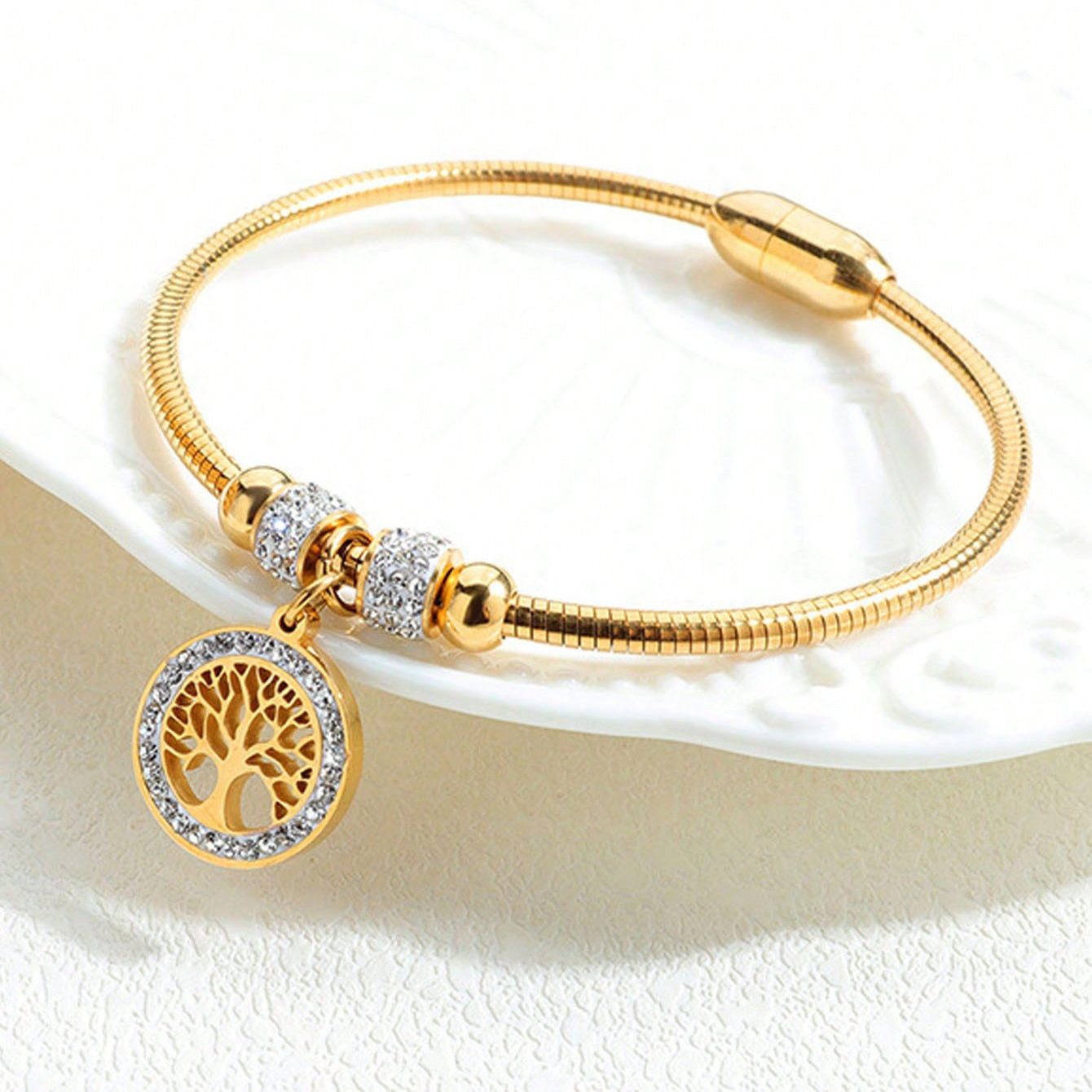 Wholesale Diamond inlaid hollow life tree magnet stainless steel bracelet