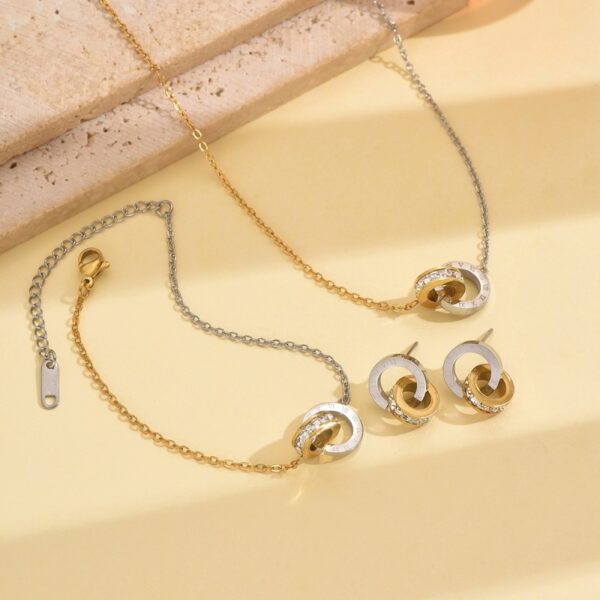 Wholesale Stainless steel gold and silver two tone circular single row rhinestone necklace bracelet and earrings