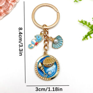 Er1921-blue dripping oil painting style seahorse shell conch keychain-11.2g [1 piece]
