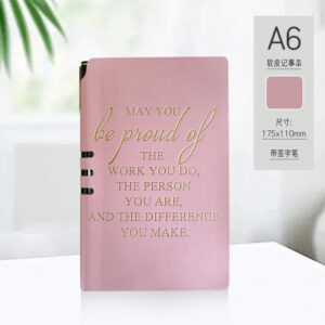 A6-sized pen holder with spine back, elegant light pink with gold foil stamping (notebook + pen)