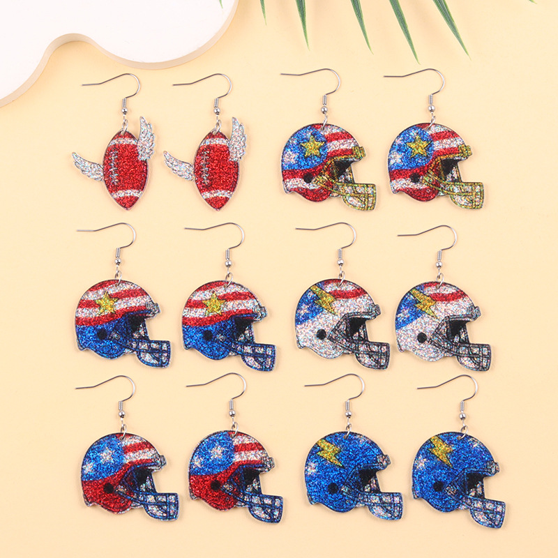 Wholesale Color-blocked Rugby Helmet-shaped Acrylic Earrings