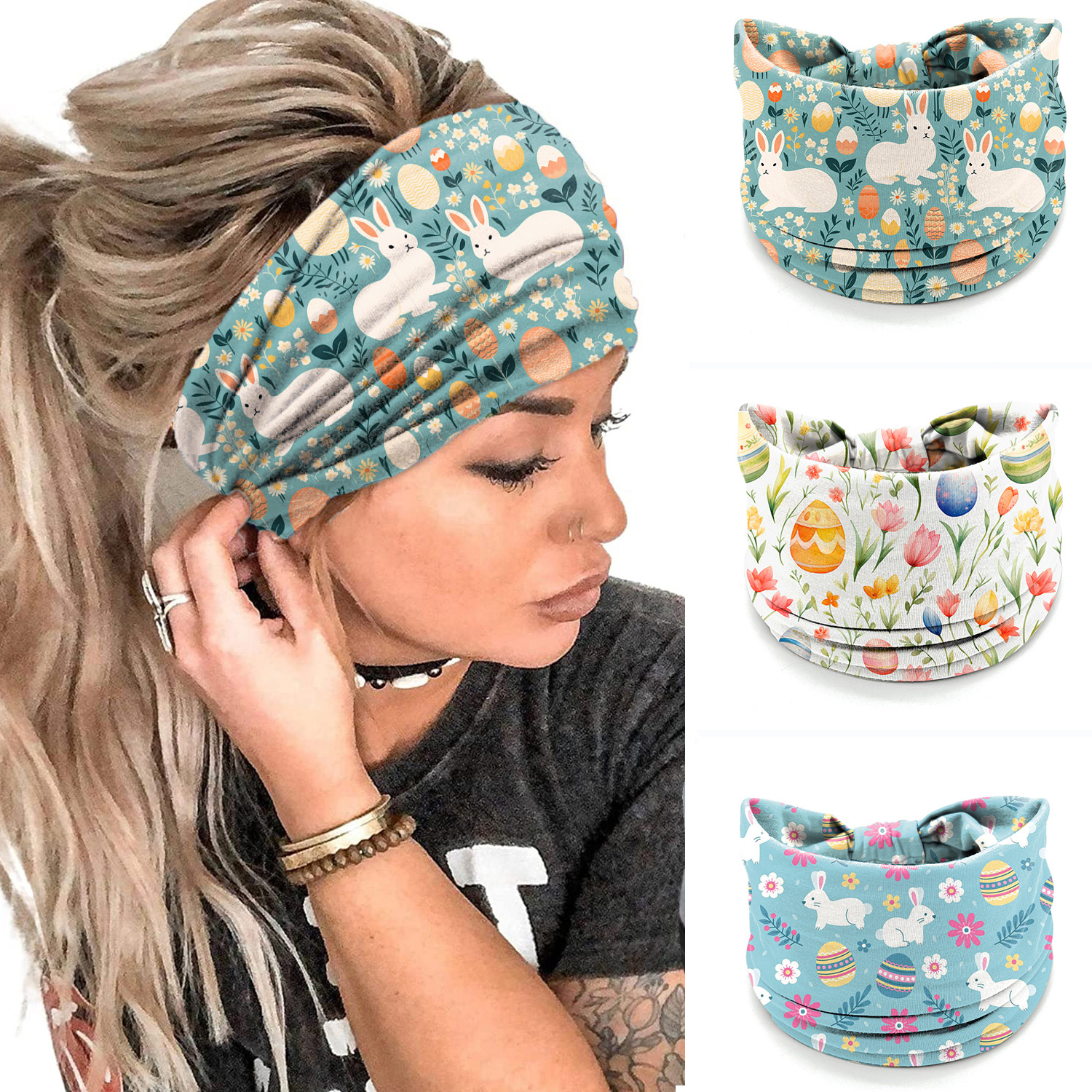 Wholesale Easter e bunny print elastic wide edge knotted headband