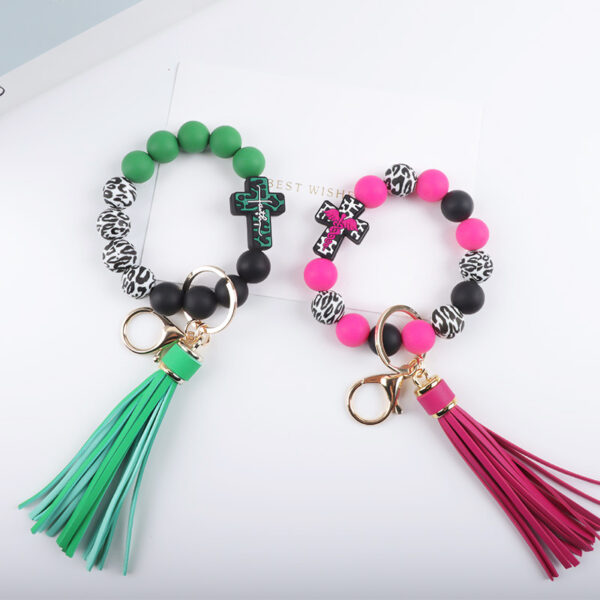 Wholesale Colored bead cross silicone bead tassel keychain