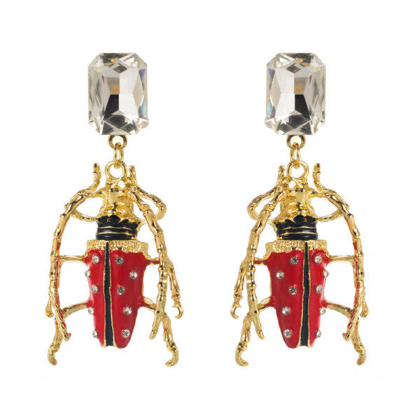 Wholesale Alloy Oil-Drop Inlaid Diamond Insect Earrings Red Green White Beetle Earrings