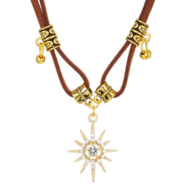 Wholesale Octagonal Star Brown Leather Sun Double Layer Necklace