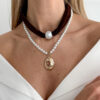 Wholesale Leopard-print velvet pearl layered necklace