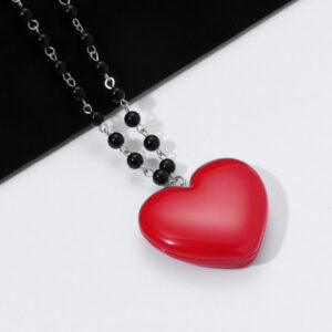 Red open-lid heart - black bead necklace