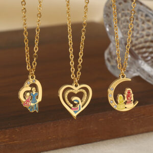 Wholesale Mother's Day Diamond studded Hollow Moon Love Titanium Steel Necklace