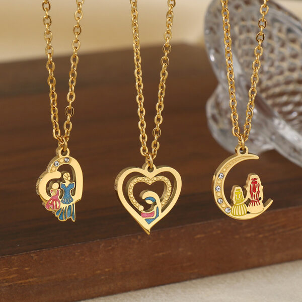 Wholesale Mother's Day Diamond studded Hollow Moon Love Titanium Steel Necklace