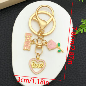Er1279-drip oil pink zinc alloy valentine's day rose love 8-character keychain-11.55g [1 piece]