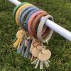 Wholesale Punk denim leather wristband tassel wooden pendant Wristlet Keychain