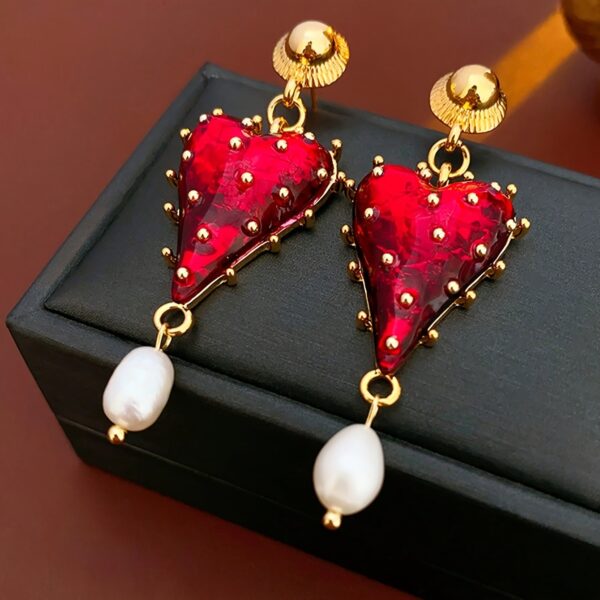 Wholesale Half transparent red tassel heart-shaped earrings