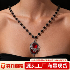 Wholesale Dark punk black bead red cross multi-element necklace
