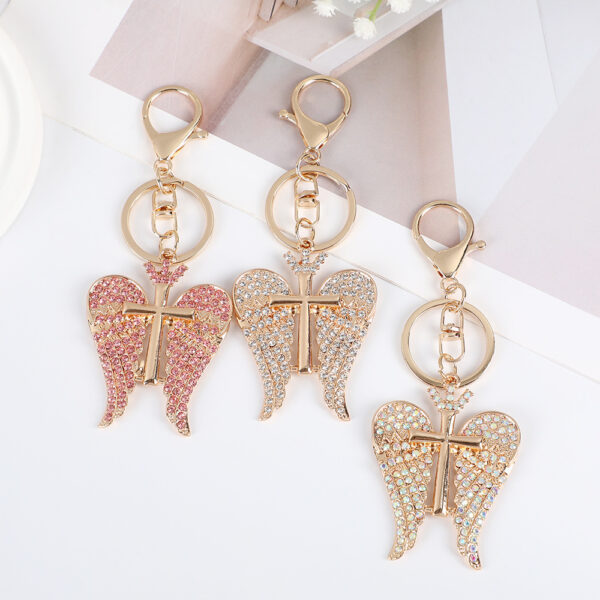 Wholesale Full Diamond Double Wing Cross Metal Keychain