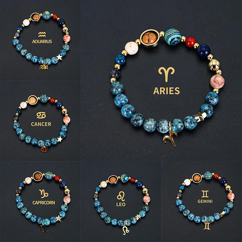 Wholesale eight planets and twee zodiac signs bracelet blue black st stone bracelet