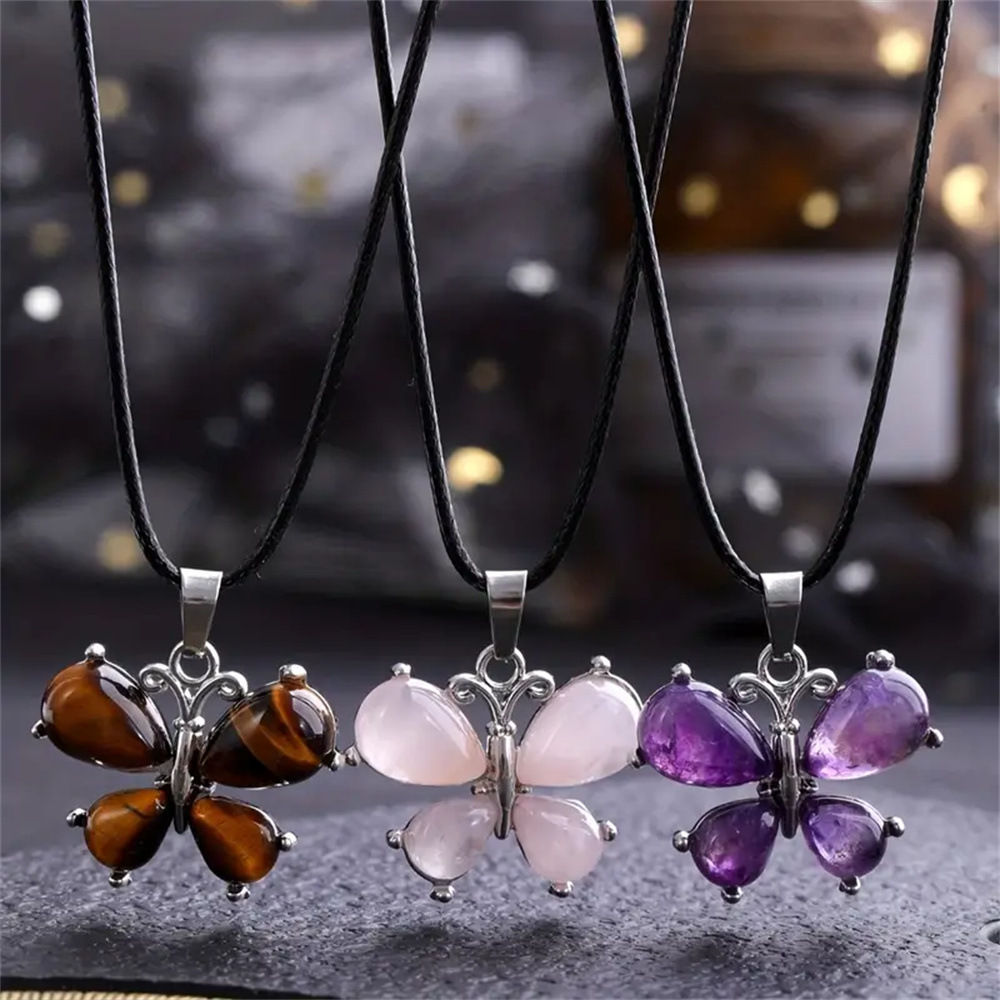 Wholesale Butterfly pendant, amethyst tiger eye stone necklace