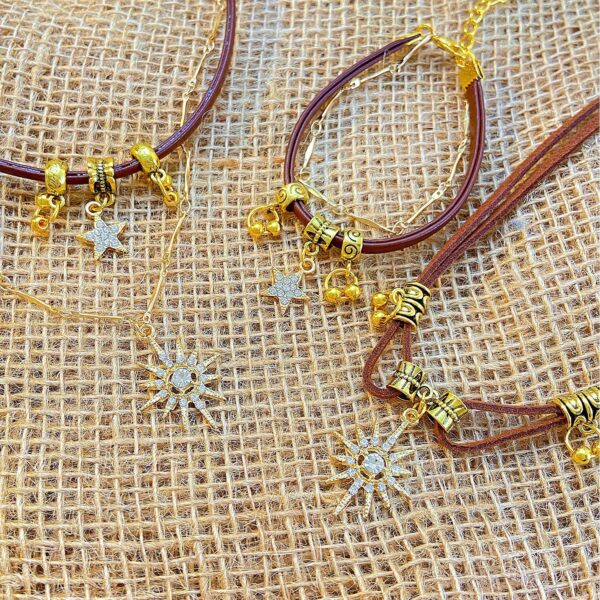 Wholesale Octagonal Star Brown Leather Sun Double Layer Necklace