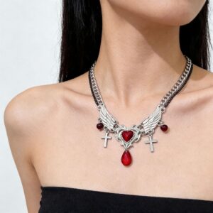 Wholesale Sweet Cool Red Angel Wings Gothic Cross Tassel Necklace