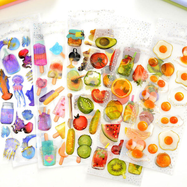 O1CN01x7ZIjY21oiCL0IwYF_2215698677032-0-cib Wholesale 3D Stereo Transparent Plastic Food Cake Kindergarten Reward Stickers Candy Perfume Bottle Flower Drink Creative Stickers