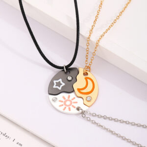 Wholesale Moon and Sun Three-person Splicing Alloy Diamond Two-piece Set Necklace