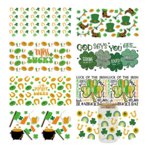 Wholesale Green Cartoon Four-Leaf Clover 16oz Cup UV DTF Wraps