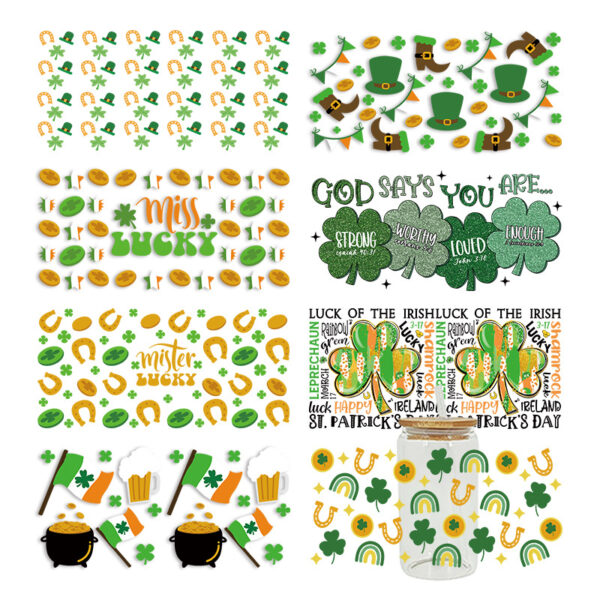 Wholesale Green Cartoon Four-Leaf Clover 16oz Cup UV DTF Wraps