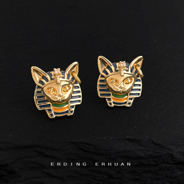 Wholesale Cat Head Pharaoh Enamel Dripping Glaze Painted Silver Needle Earrings