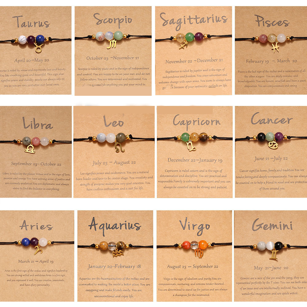Wholesale Twee zodiac signs, natural stone crystals, hand woven rope