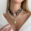 Wholesale Leopard-print velvet pearl layered necklace
