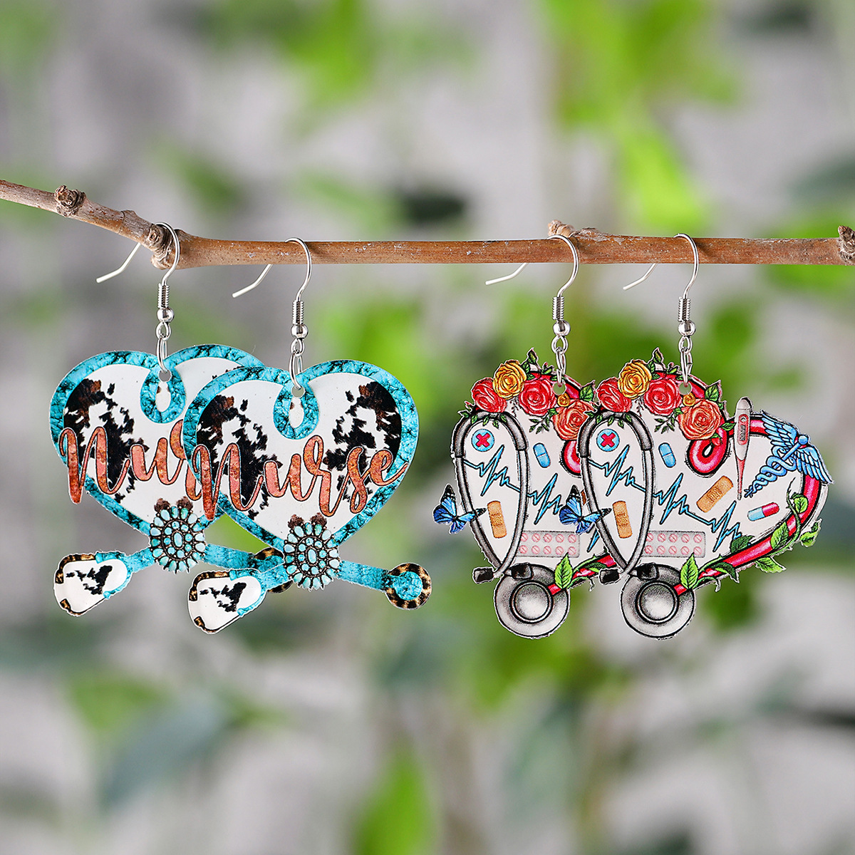 Wholesale Stethoscope Cow Print Heart Flower Pendant Acrylic Earrings