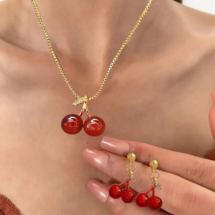 Wholesale Diamond studded red cherry earrings