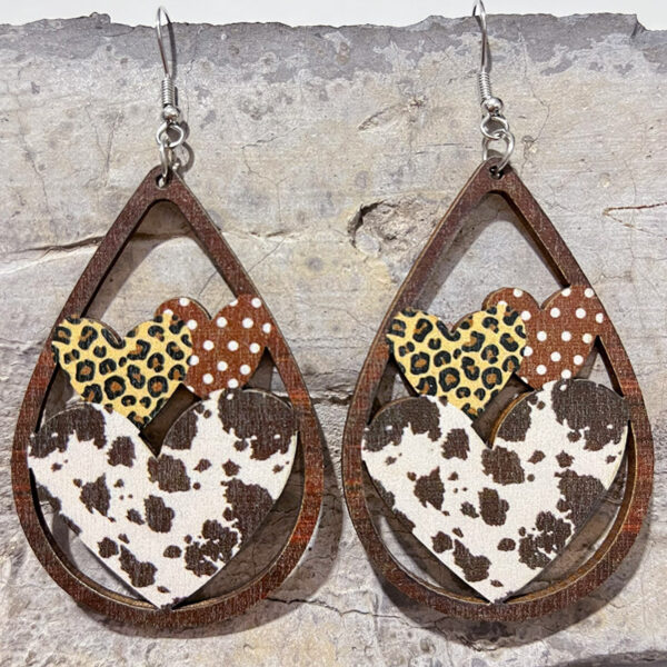 Wholesale Wooden hollow heart-shaped Valentine's Day pattern splicing earrings
