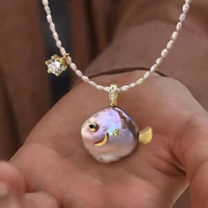 Wholesale Ocean Pearl Series Cute Pearl Fish Zircon Pendant Necklace