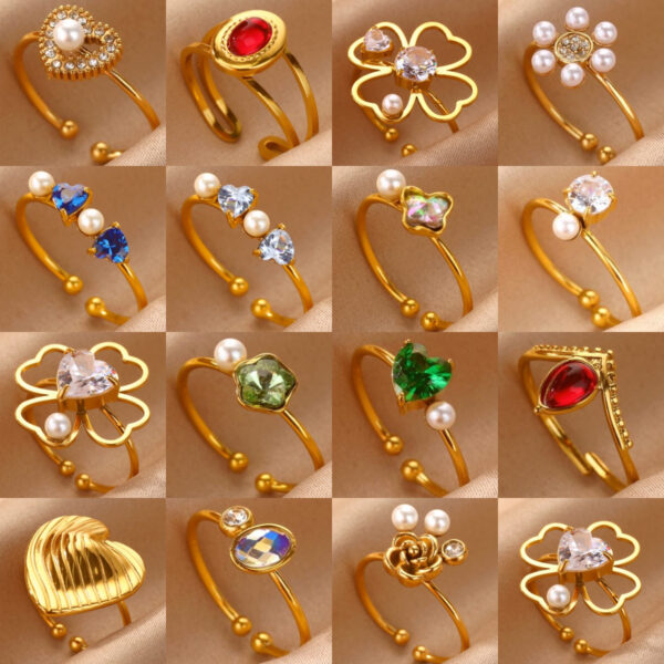 Wholesale Luxury Zircon Pearl Heart-Shaped Adjustable Opening Ring