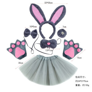 Fur powder gray rabbit nose four-piece set gray gloves gray gauze skirt