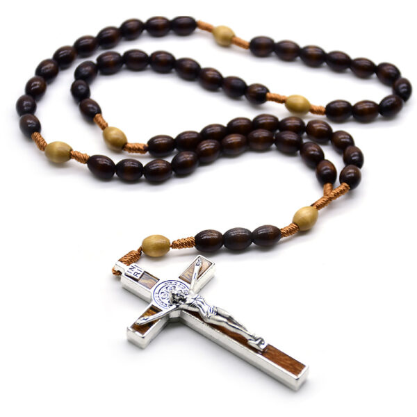 Wholesale Dark Brown Rice-Shaped Rosary Cross Necklace