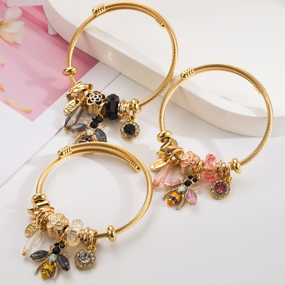 Wholesale Diamond studded bead bee adjustable stainless steel bracelet