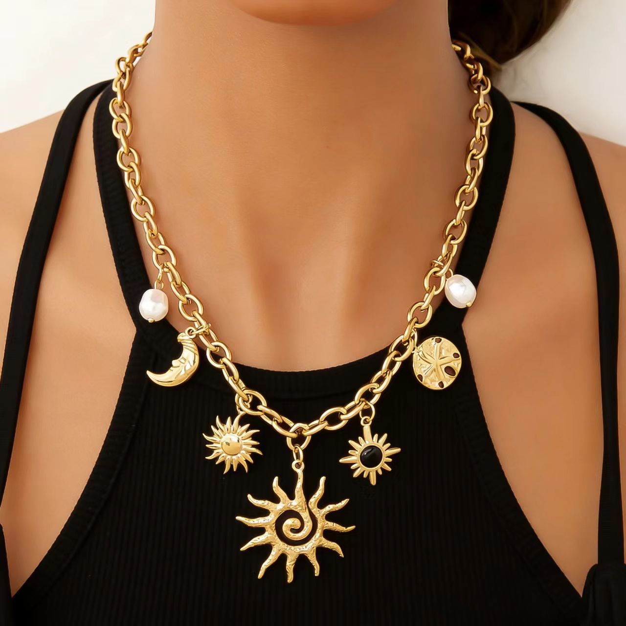 Wholesale Suower Sun Moon Gemstone Pearl Pendant Necklace