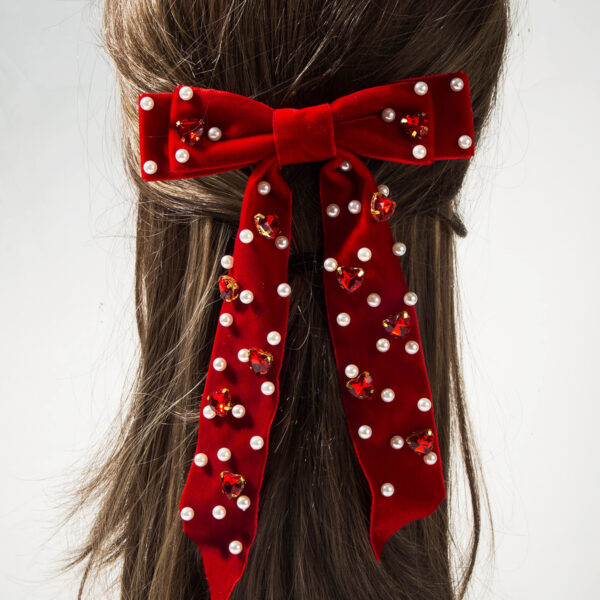 Wholesale Velvet fabric multi-layer bow inlaid with heart-shaped pearl hair clip