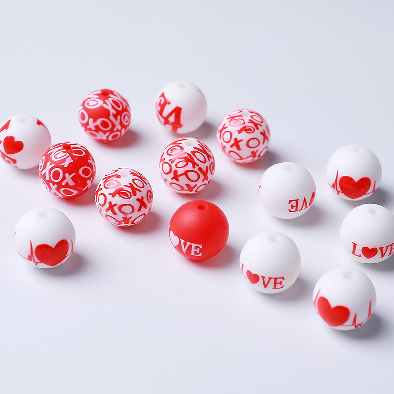 Wholesale Valentine's Day silicone beads 15mm printing round beads