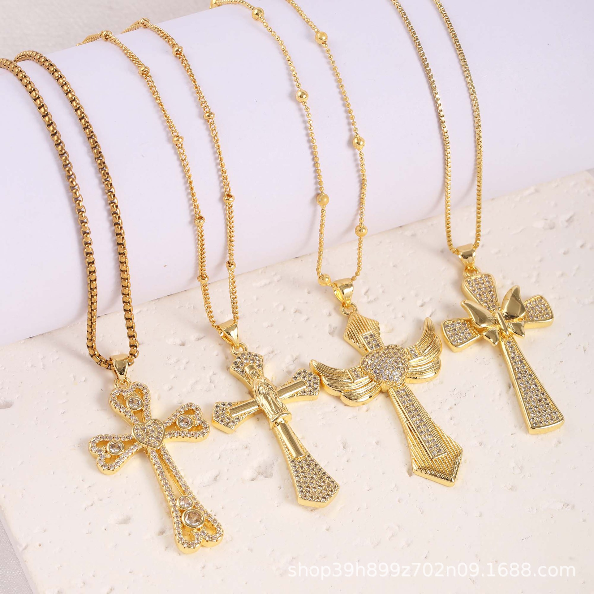 Wholesale Gold plated micro inlaid zircon cross pendant necklace