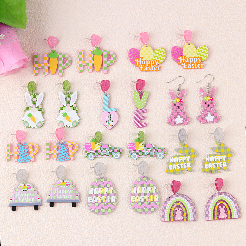 Wholesale Easter rabbit colored printed Easter e acrylic earrings