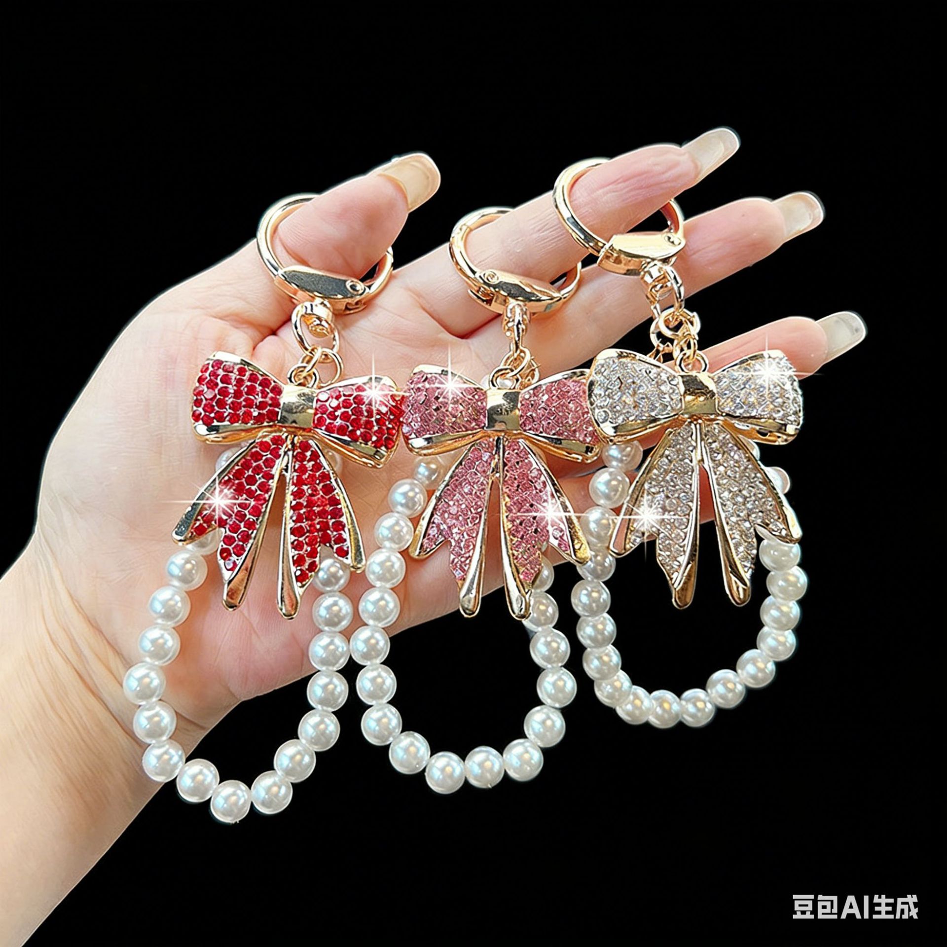 Wholesale Diamond studded bow chain pearl bead keychain
