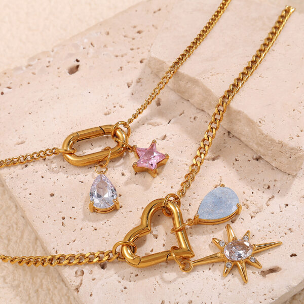 Wholesale Stainless steel 18K gold-plated geometric colorful gemstone rectangular star pendant necklace