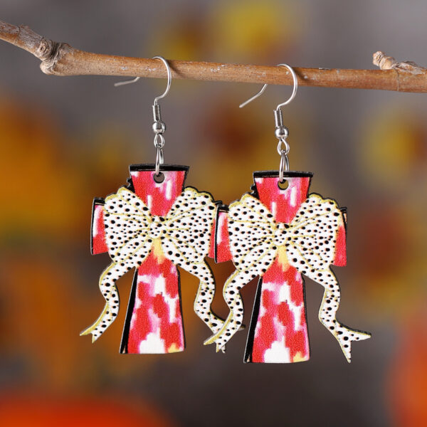 Wholesale Polka Dot Bow Painted Cross Pendant Earrings Wooden Double-Sided Earrings