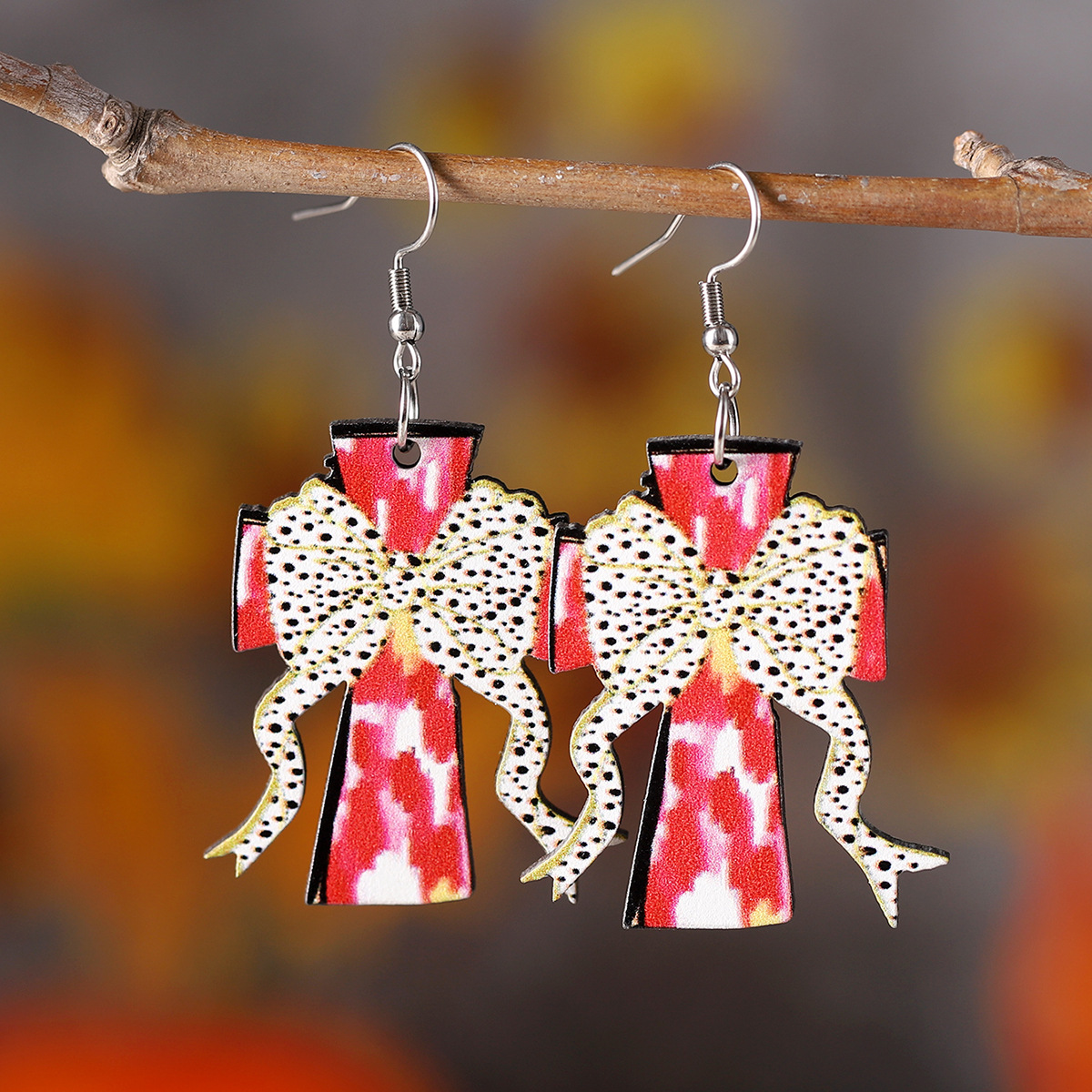 Wholesale lka Dot Bow Painted Cross Pendant Earrings Wooden Double-Sided Earrings