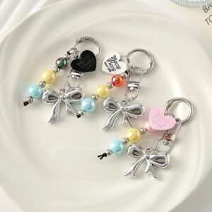 Wholesale Colored bead heart shaped bow metal keychain