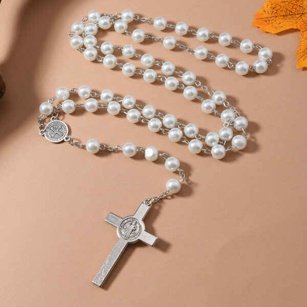 Wholesale Glass Imitation Pearl Cross Rosary Necklace