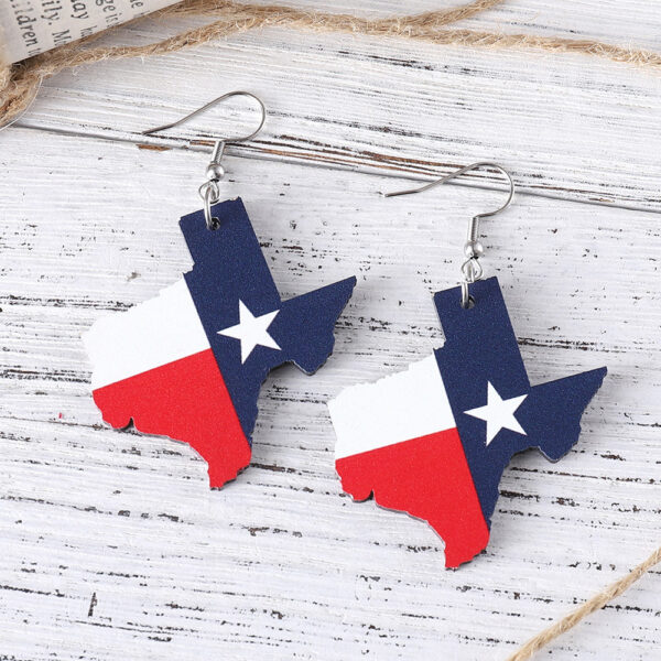 Wholesale Cross Border US Independence Day Red White Blue Stars Texas Map State Flag Pendant Wooden Double Sided Earrings